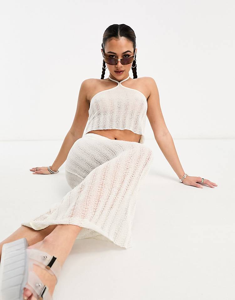 COLLUSION distressed knitted halterneck beach top & maxi skirt in white